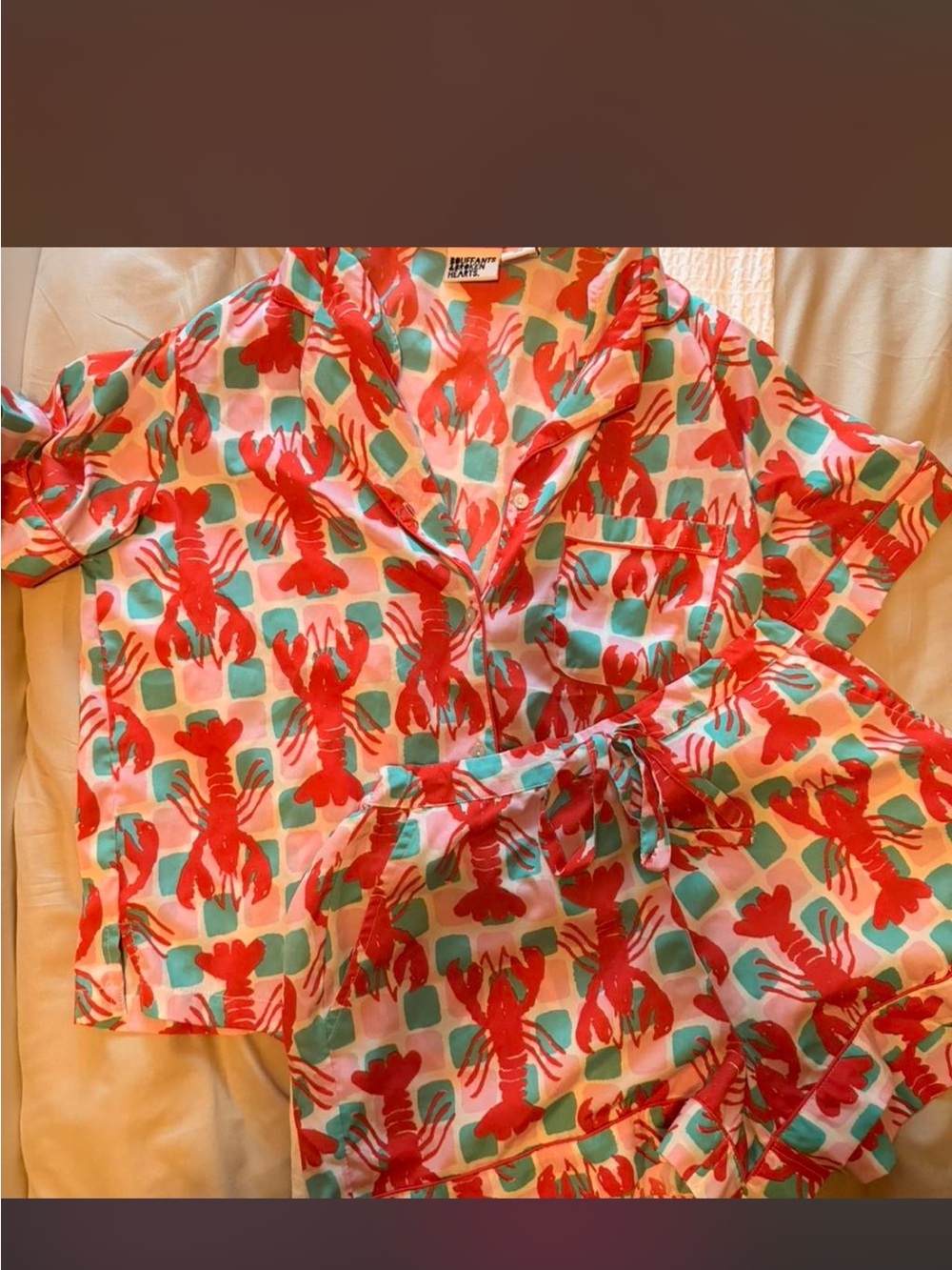 Women’s Bouffants & Broken Hearts Lobster Pajama Set in Red & Aqua-size small